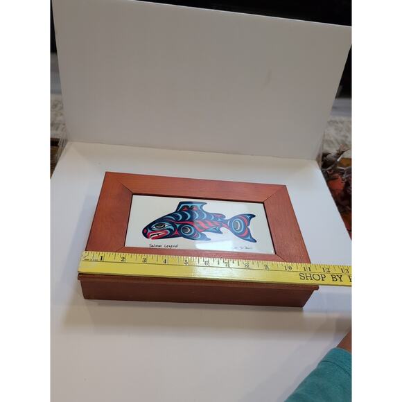 Vintage Salmon Legend Wood and Tile Box By Artist Joe Wilson Cowichan Tribal Art - Picture 7 of 9